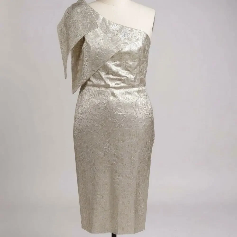 Betsy & Adam Metallic One Shoulder Cocktail Sheath Dress Gold Silver Women 8 - Picture 1 of 5